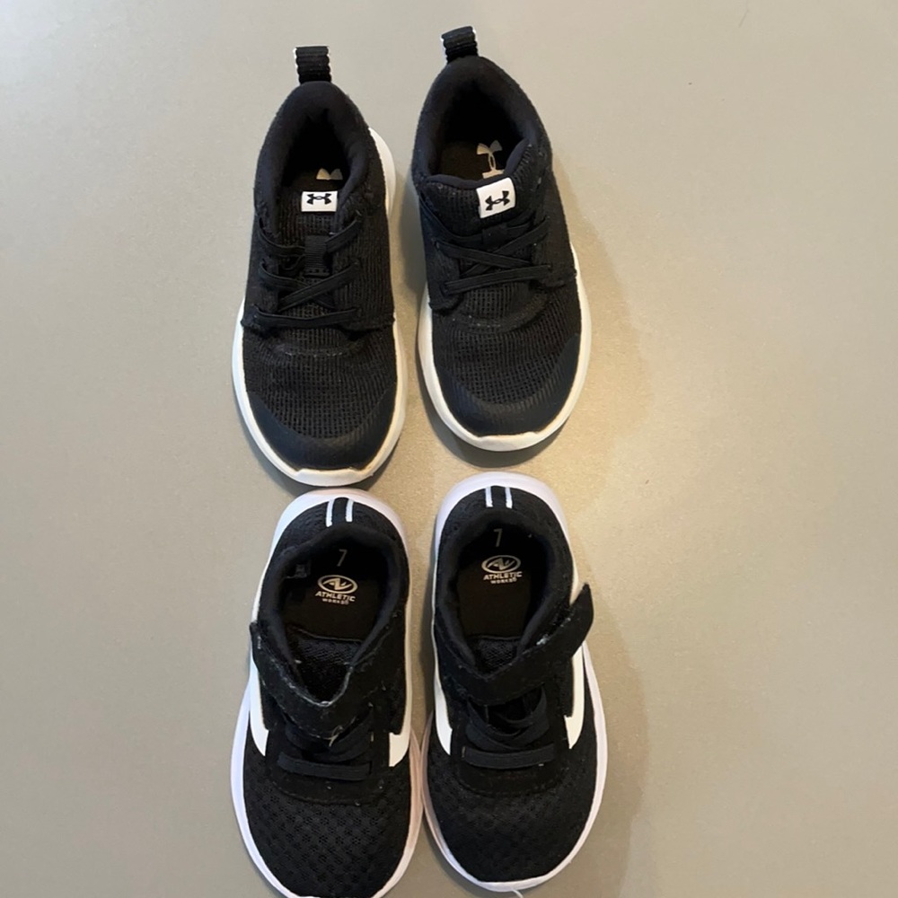 2 Pairs of Black and White Shoes. Toddler Size 7